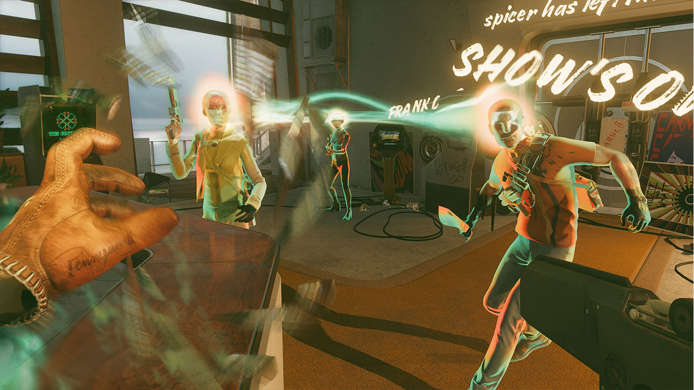 Deathloop's combat in action, an electricity beams shoots between enemies.